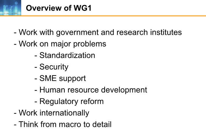 図2-3:Overview of WG1 図2-3:Overview of WG1
