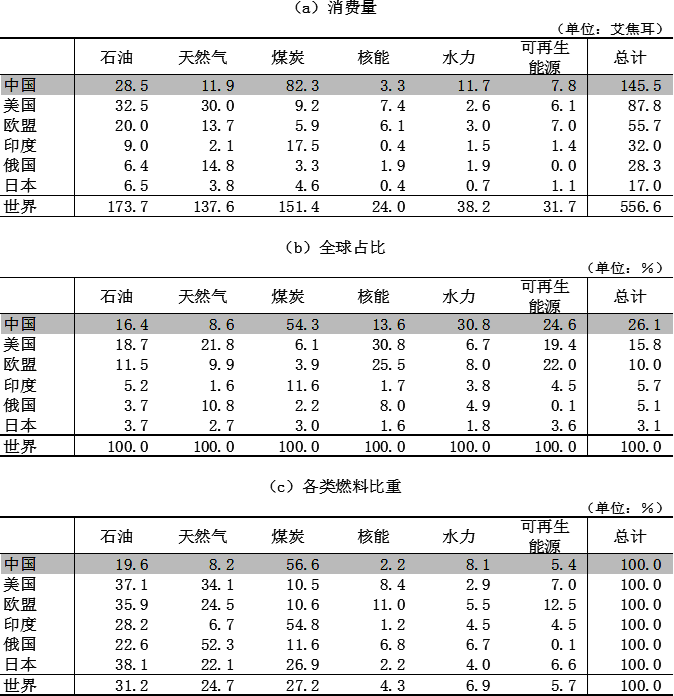 图表4：主要经济体一次能源消费状况（2020年）