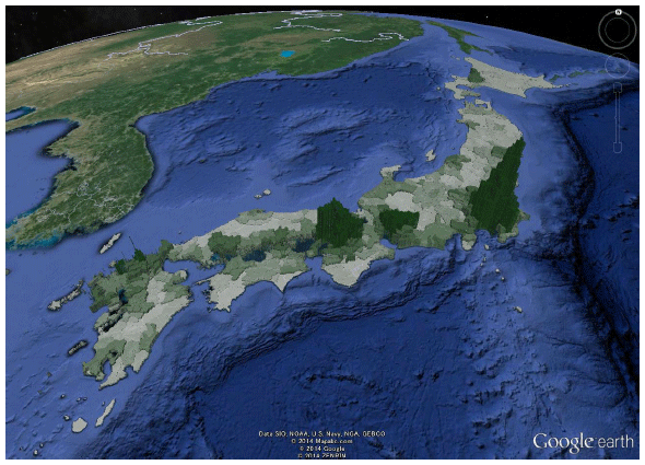 図2：人口密度（15歳以上人口）の地理的分布（単位：人口/㎢）