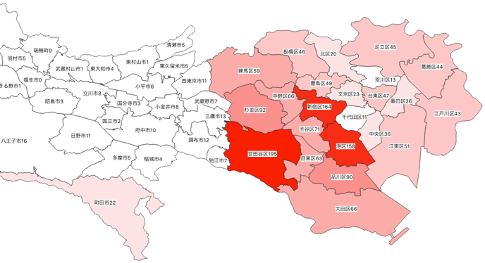 図2:東京都内の累積感染者数の地理的分布(4月12日時点) 図2:東京都内の累積感染者数の地理的分布(4月12日時点)