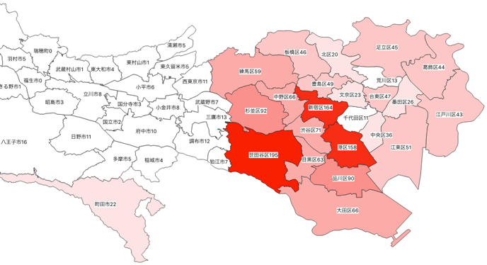図2：東京都内の累積感染者数の地理的分布（4月12日時点）